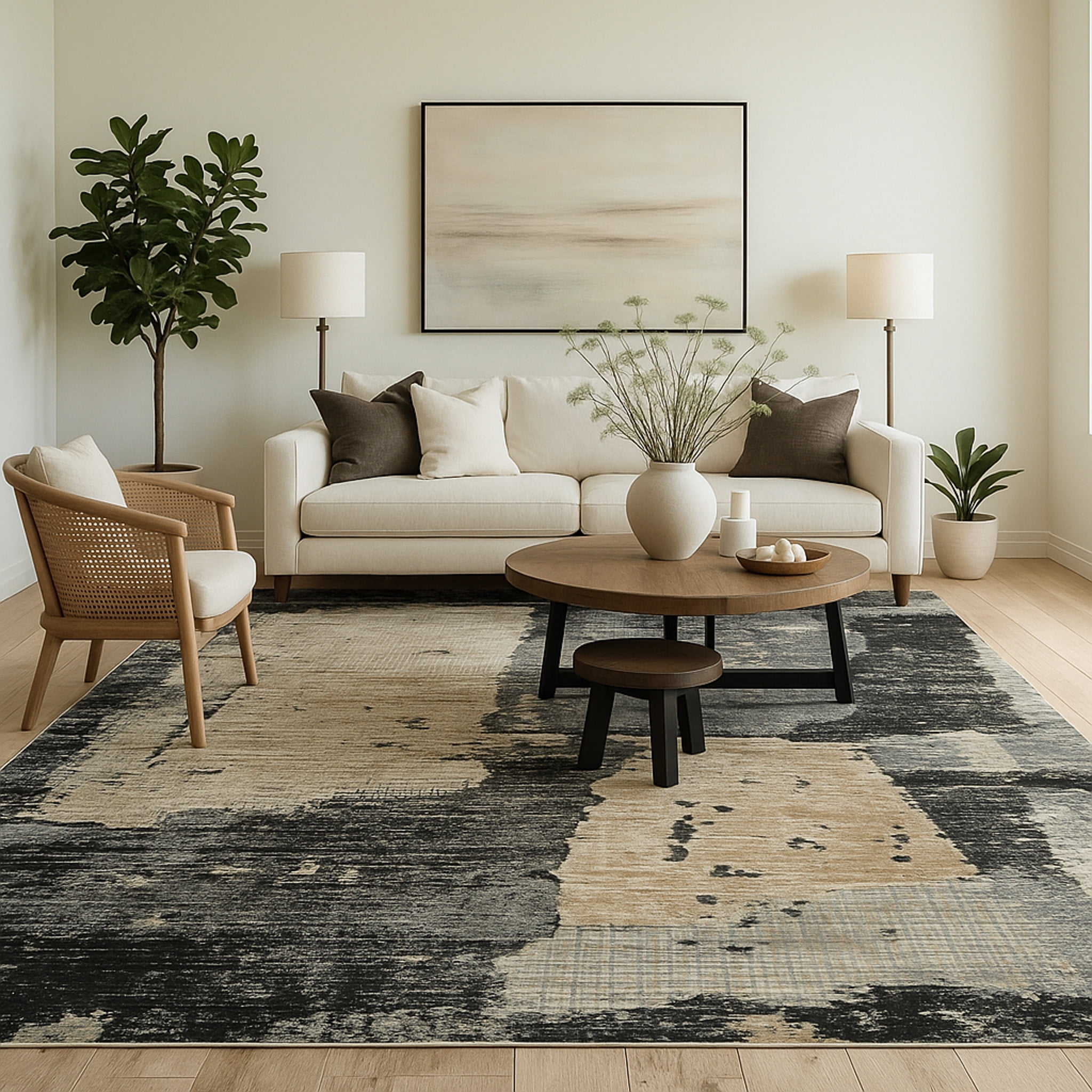 Tapis d'interieur abstrait Rug Branch Nomad, noir beige, moderne - Salon, chambre, salle a manger et cuisine
