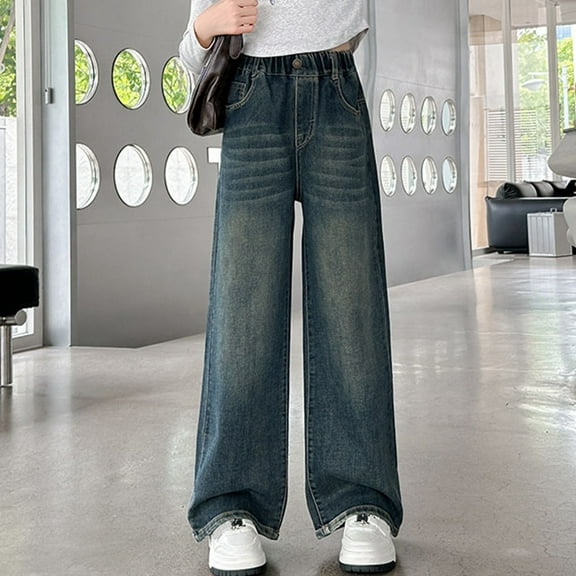 Girls Fashion Cute Personality Pants Elastic Waist Wide Leg Jeans Casual Demin Pants with Pockets Teen Girl Jeans 13-14 Years