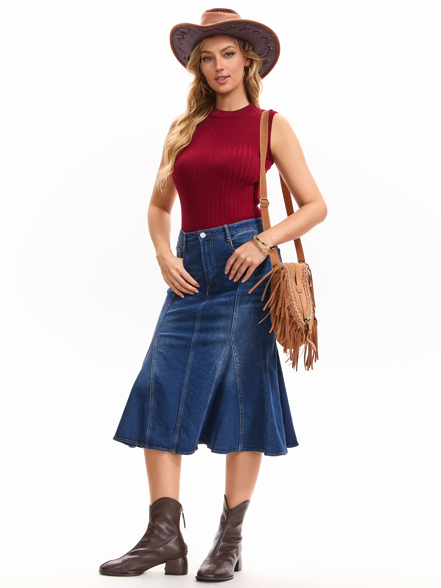DARING DIVA Women's Denim Washed High Waisted Fishtail Midi Jean Skirt L Deep Blue