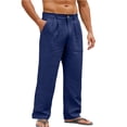 thumbnail image 4 of Mens Linen Cotton Casual Pants, Lightweight Straight Leg Lounge Pants with Button Waist & Side Pockets, Loose Fit Summer Beach Yoga Trousers for Men, Comfortable Relaxed Fit Paperbag Trousers Navy XL, 4 of 10