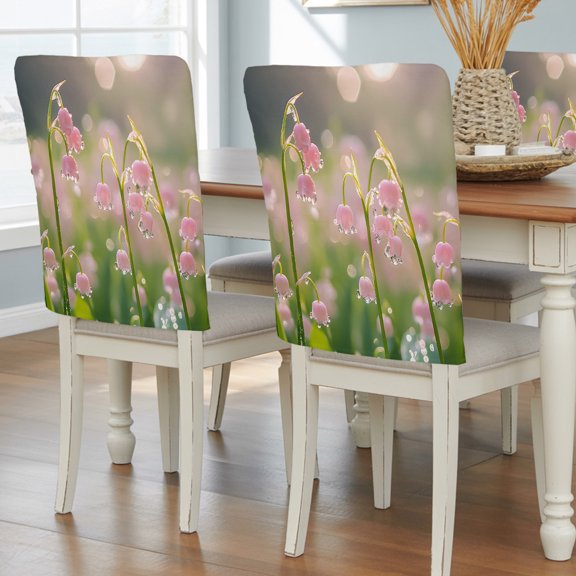 Spring Pink Lily Chair Back Covers Set of 6, Pastoral Dewdrop Flowers Removable Dining Seat Cover Washable Kitchen Chair Slipcovers Protective for Party Decoration 19x20in