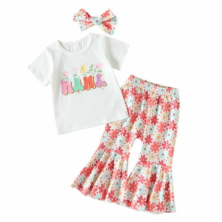

Toddler Set Clearance Toddler Sets For Kids Summer Toddler Baby Girls Casual Suit Mother s Day Letter Short Sleeve T-shirt Bell-bottoms Trousers Hairband Three Piece Set