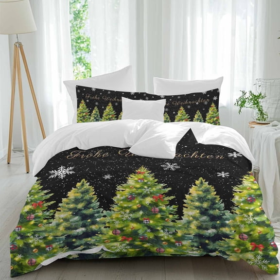 Frohe Weihnachten Duvet Cover Set Full Size, Christmas Tree Snowflakes Black 4 Piece Bedding Set with Zipper Closure & Corner Ties Soft Breathable Comforter Cover for Bedroom