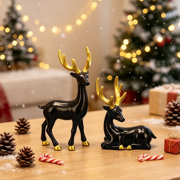 Christmas Reindeer Figurine Set of 2, Standing & Lying‑Pose Black Resin Deer Statues with Metallic‑Gold Accents, Modern Tabletop Holiday Decor for Mantel, Cabinet, Shelf & Gifting