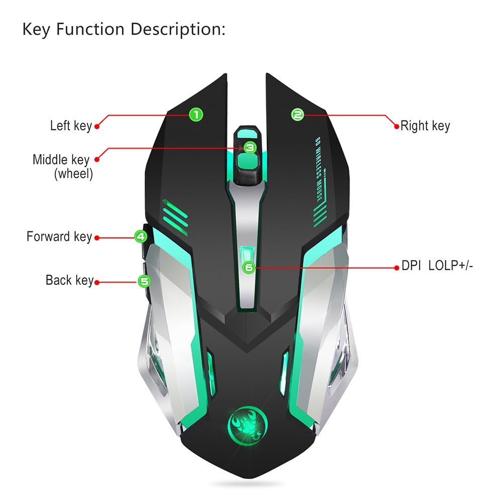 HXSJ Gaming Wireless Mouse 2400 DPI Rechargeable 7 color 6 Backlight