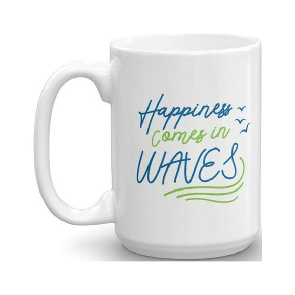 Happiness Comes In Waves Beach Quotes Coffee & Tea Gift Mug For Beach Lover Men & Women (15oz)