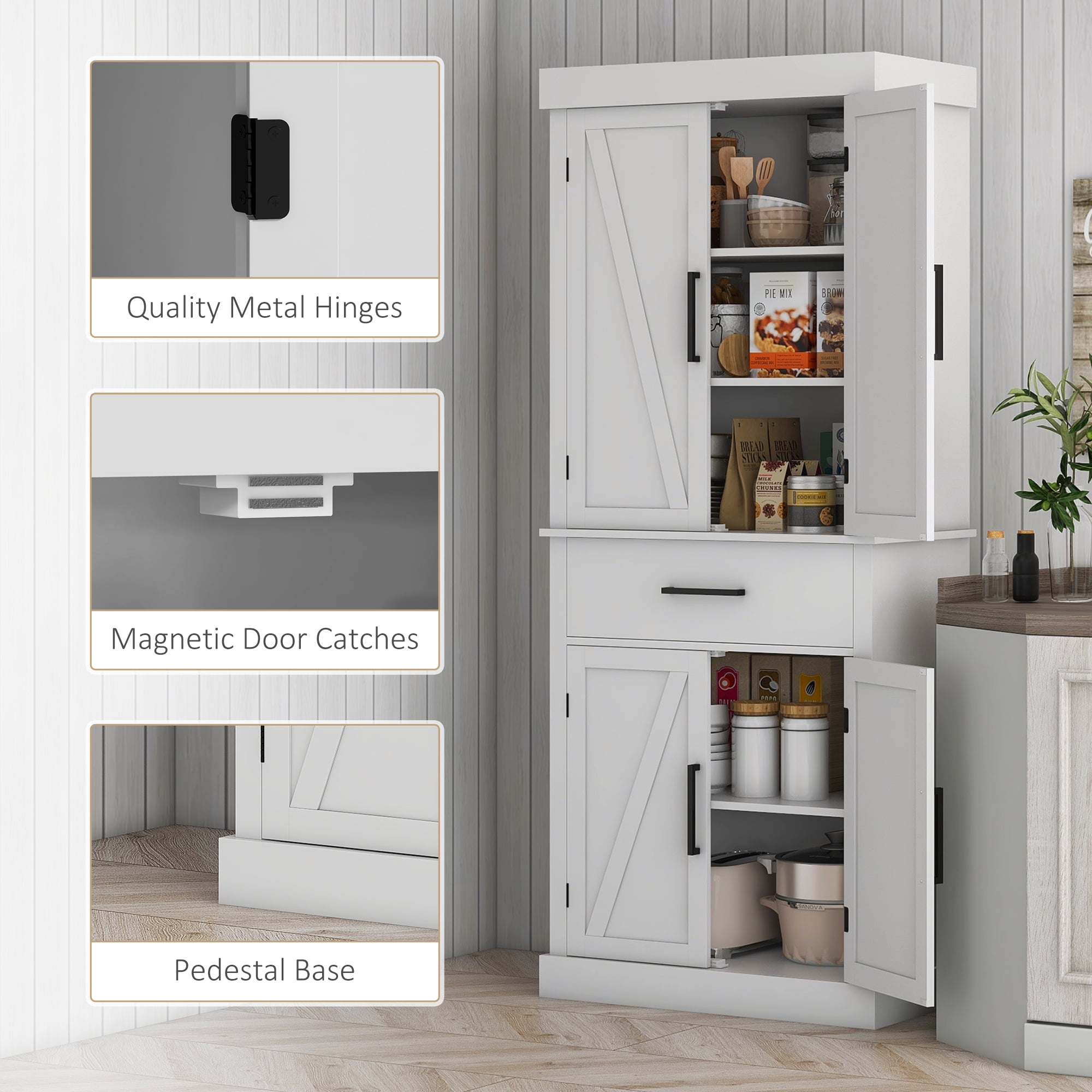 HOMCOM 72" Tall Kitchen Pantry Storage Cabinet, Farmhouse Freestanding Kitchen Cabinet with Barn Doors, Drawer and Adjustable Shelves, White