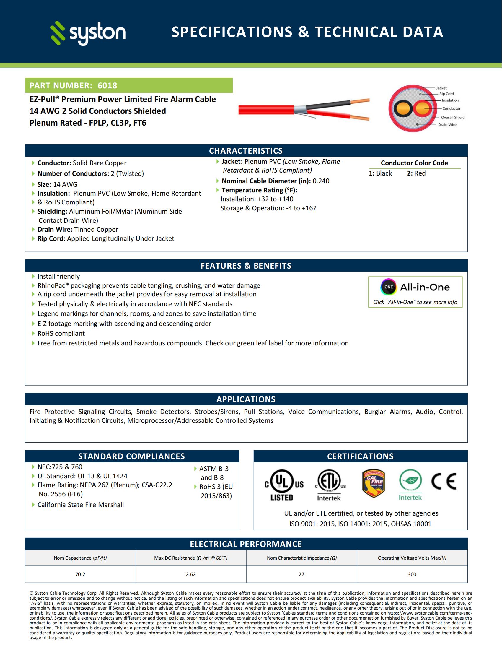 Syston Fire Alarm Security Burglar Station Wire Cable, 14/2 50 ft Solid Copper Shielded FPLP/CL3P/FT6/CMP Plenum-Rated UL/ETL Listed, 14 Gauge 2 Conductors UV Resistant RoHS for Indoor/Outdoor Use