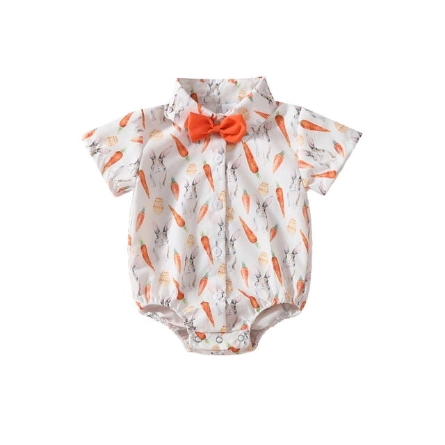 Honganda 0-18 Months Baby Boy Easter Romper Lapel Neck Rabbit Carrot Print Jumpsuit with 3D Bowtie Clothes