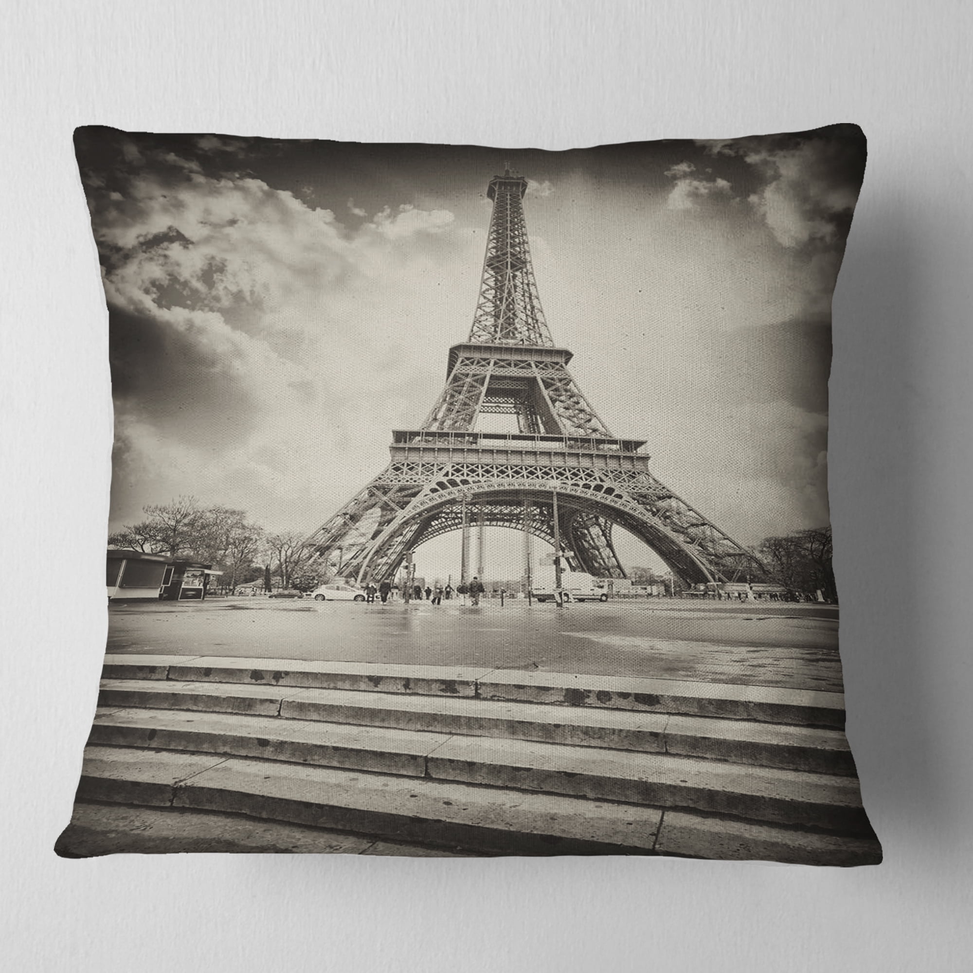 Designart Paris Eiffel Towerin Gray Shade - Landscape Photo Throw Pillow - 18x18