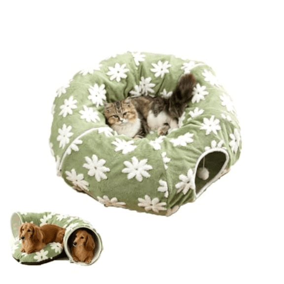 3 in 1 Foldable Dog Tunnel Bed for Dachshund Small Dogs, Soft Washable Circle Cushion, Cozy Covered Pet Cave for Indoor Sleeping and Lounging and Naps