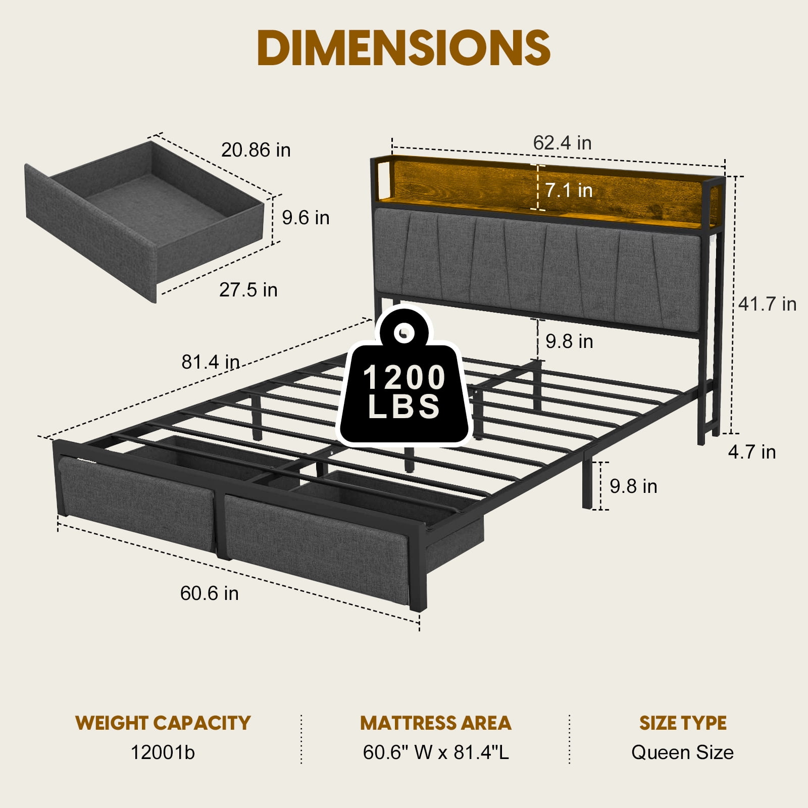 All-in-One Queen Bed: Integrated Charging, Ambient Lighting, and Functional Drawers,Modern Queen Bed Frame: Power-Ready Headboard, Illuminated Design, and Under-Bed Storage