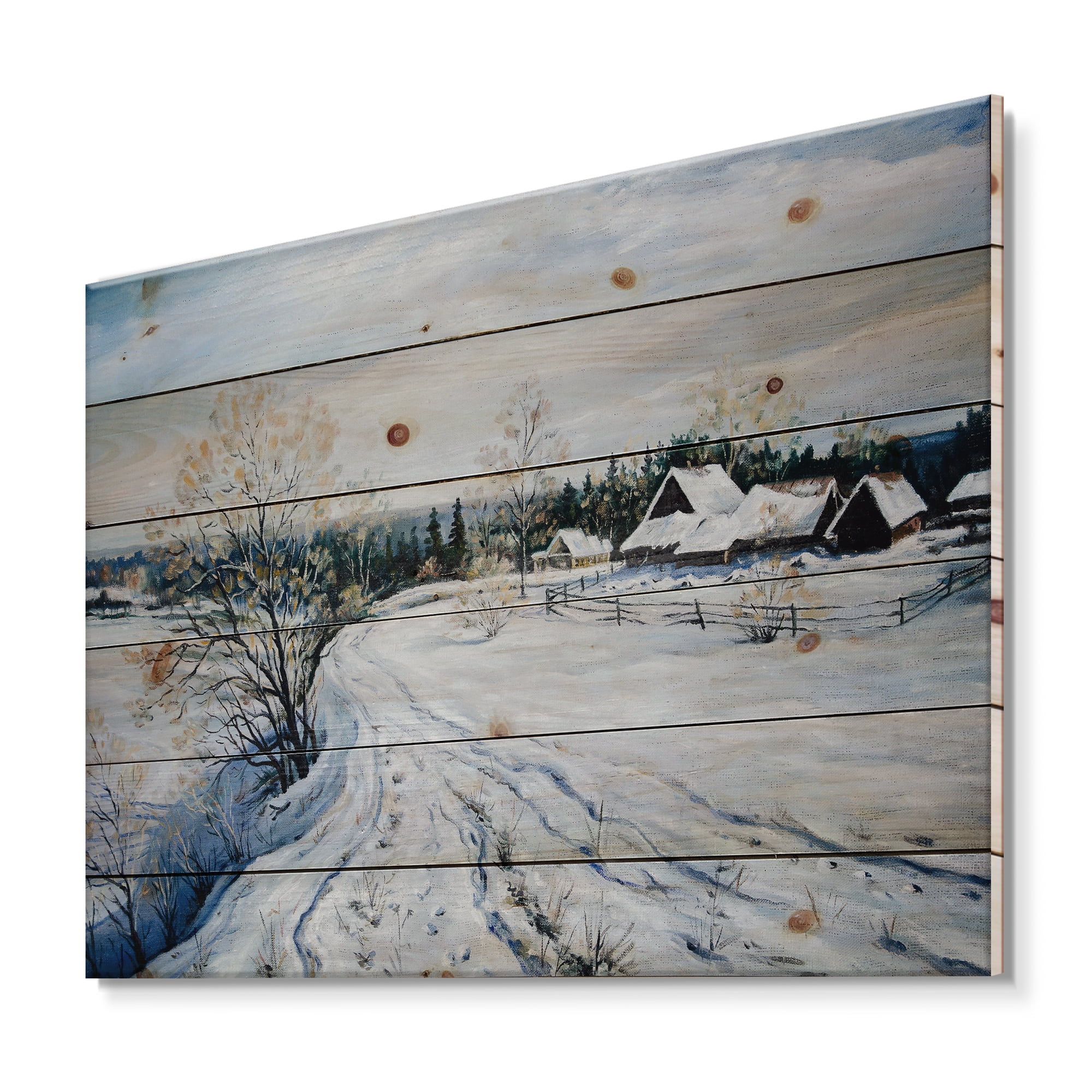 Designart 'Country Road In Winter Times Landscape II' Traditional Print on Natural Pine Wood