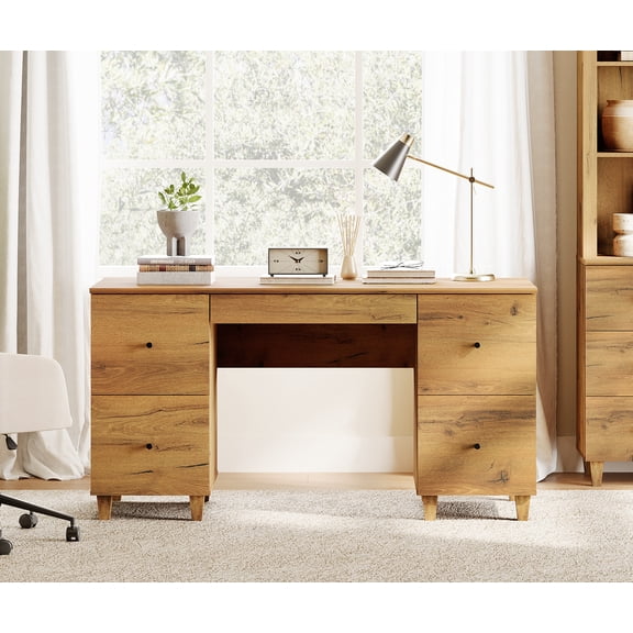 WAMPAT 58" Executive Desk with 5 Drawers, Modern Farmhouse Home Office Computer Table with Charging Station, Oak Brown