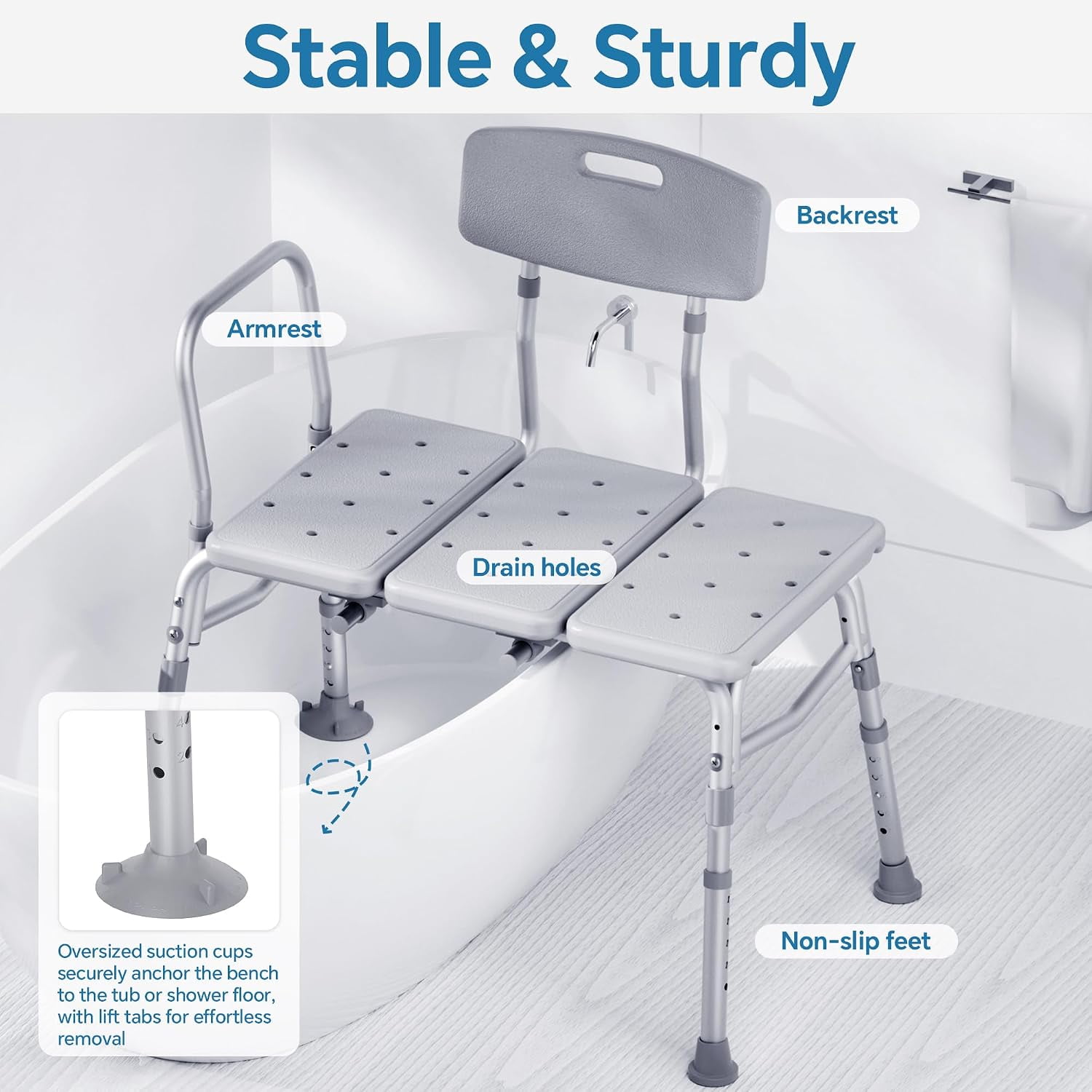 Adjustable Height Bathtub Transfer Bench with Backrest, Stable Shower Transfer Seat, Bathroom Mobility Safety Aid for Elderly, Handicap and Post‑Surgery Users