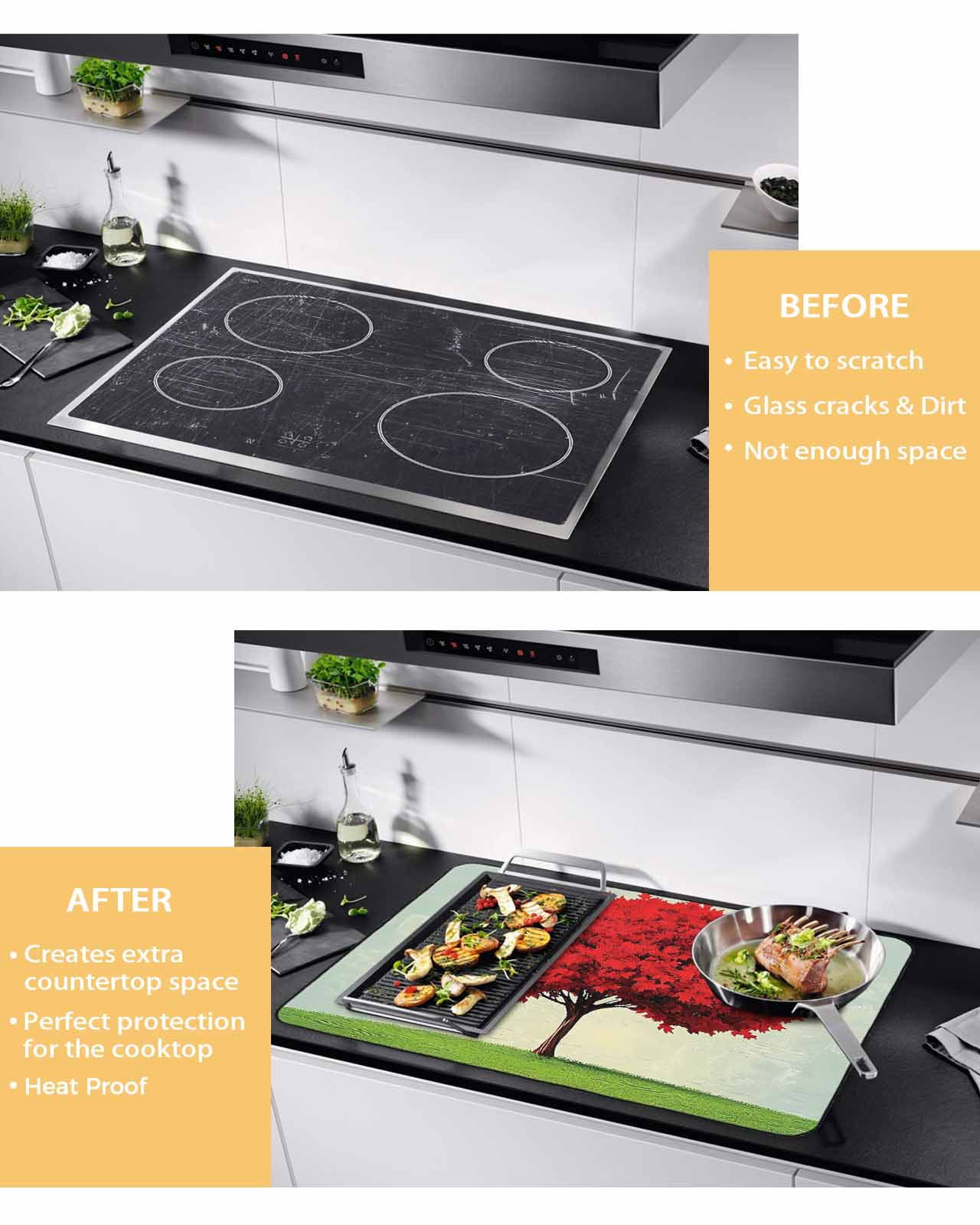 nqOlkjepod Large Induction Cooktop Protector Mat 36"x21", Red Tree Stove Top Covers for Electric Stove, Green Grass Gradient Sky Watercolor Decorative Stove Burner Cover Mats, Glass Top Stove Cover