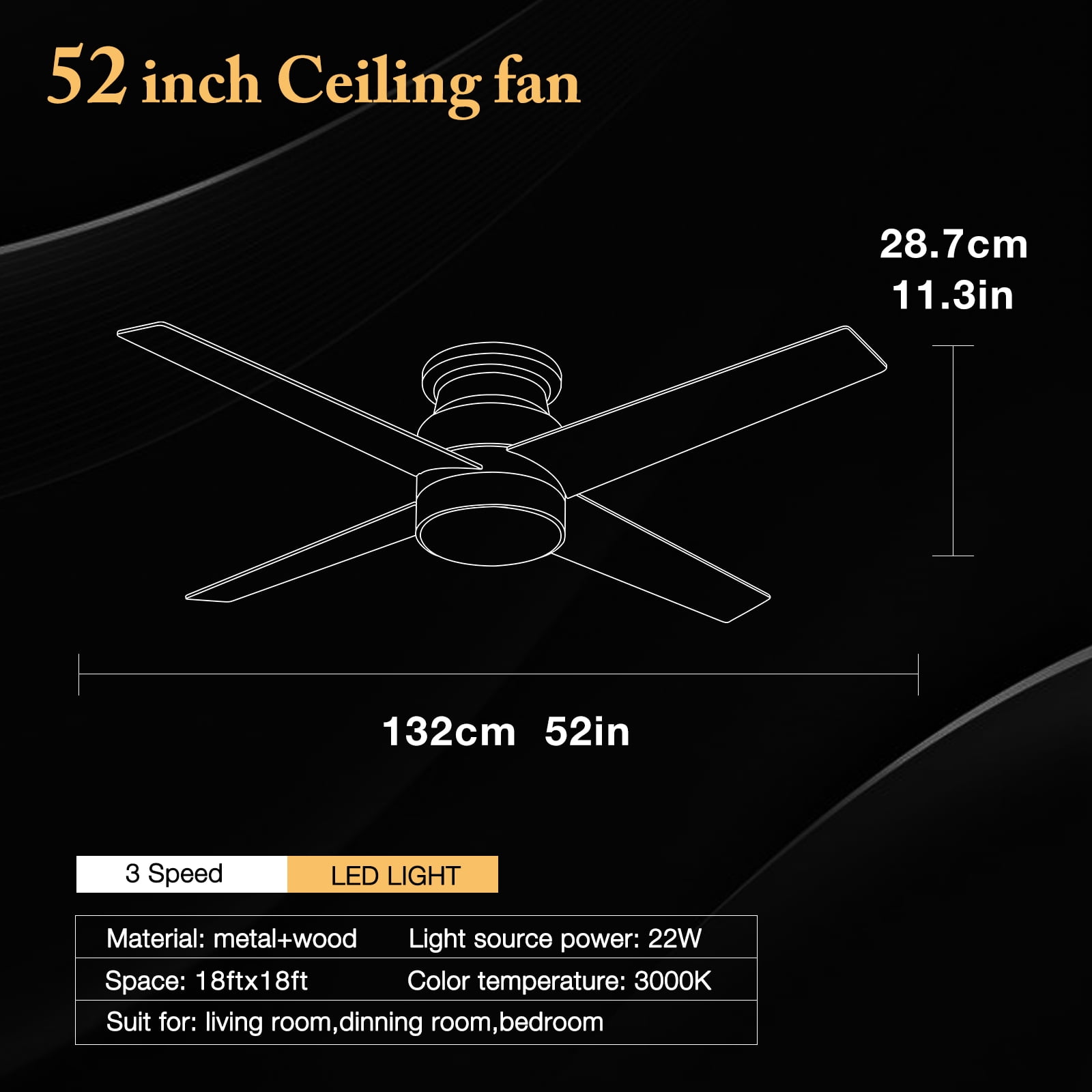 Warmiplanet 52" Modern Flush Mount Ceiling Fan with Light & Remote, White, Dual-Color Blades, DC Motor, 6 Speeds, 3-Color Light, Reversible, Timer