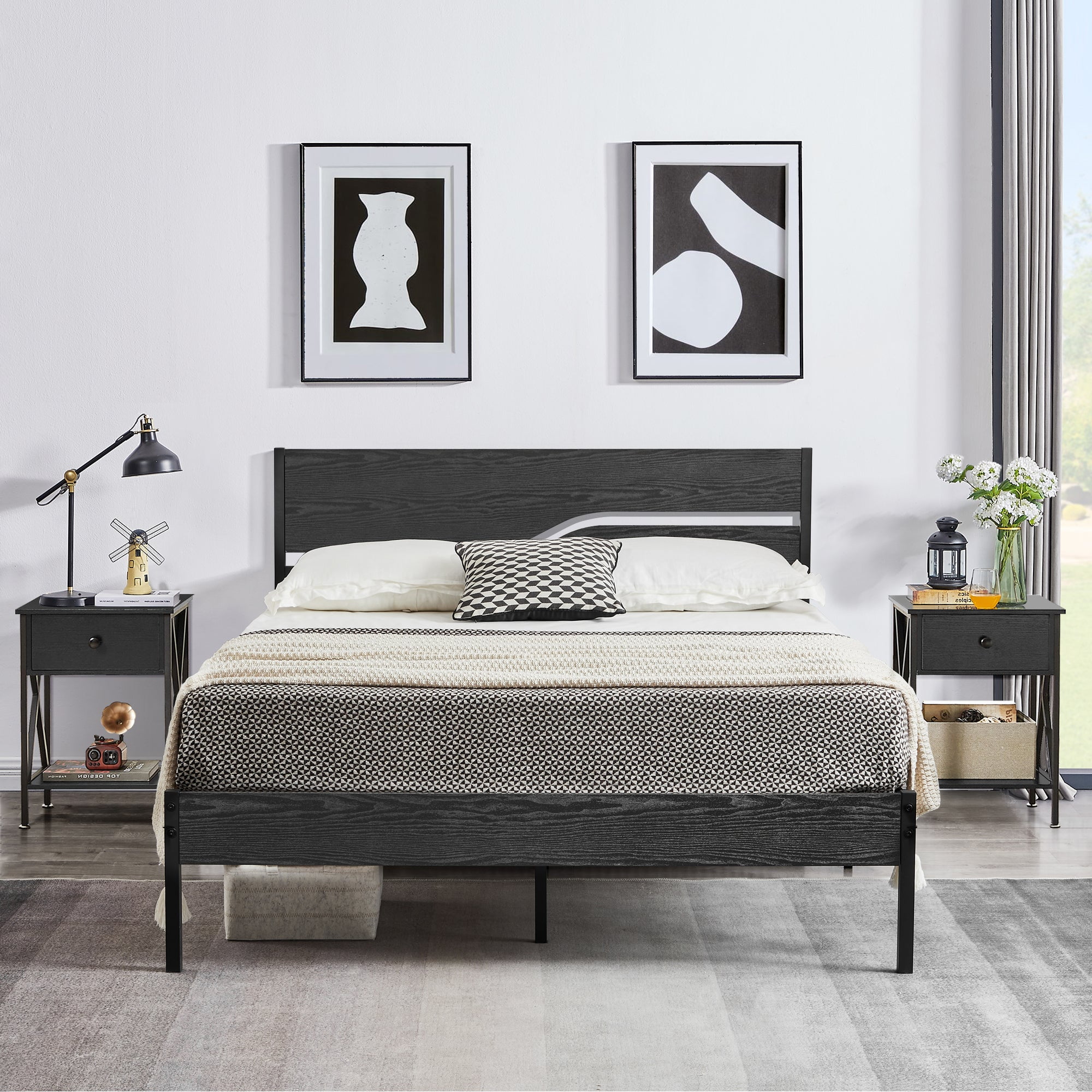 VECELO Full 3-Piece Bedroom Set Wood Headboard Platform Bed Frame and 2 Nightstands in Black