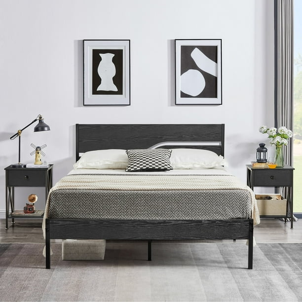 VECELO Full 3Piece Bedroom Set Wood Headboard Platform Bed Frame and 2
