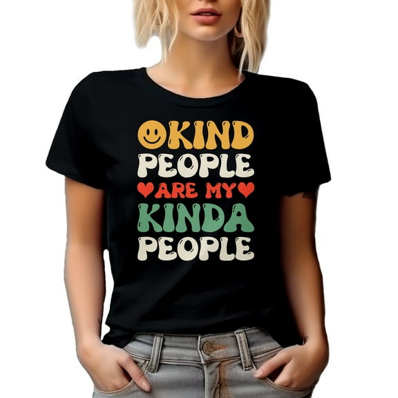 Kind People Are My Kinda People, Groovy Text Quote on Kindness, Black T-Shirt, Small