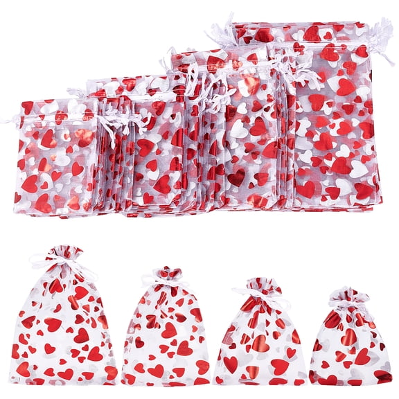 48 pcs Heart Printed Organza Bags 4 Sizes Jewelry Bags with Drawstrings Organza Pouches Jewelry Pouch Favors bag for Valentine's Day Wedding Party Christmas 1set