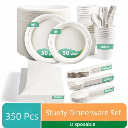 OasisSN 10in & 8in Paper Plates,350 Pieces for 50 Guest, Sugarcane Fibers Disposable Paper Dish Set, Eco Friendly Paper Plates, Cups,Spoons, Forks,Napkins and Knives for Home Use, Camping, Picnic