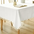 thumbnail image 1 of White Linen Tablecloth Long Rectangle White Cotton Table Cloths with Tassels for Dining Room Kitchen Embroidered Farmhouse Rustic Flax Linen Fabric Table Cover for Holiday Birthday Party, 55x120 Inch, 1 of 1