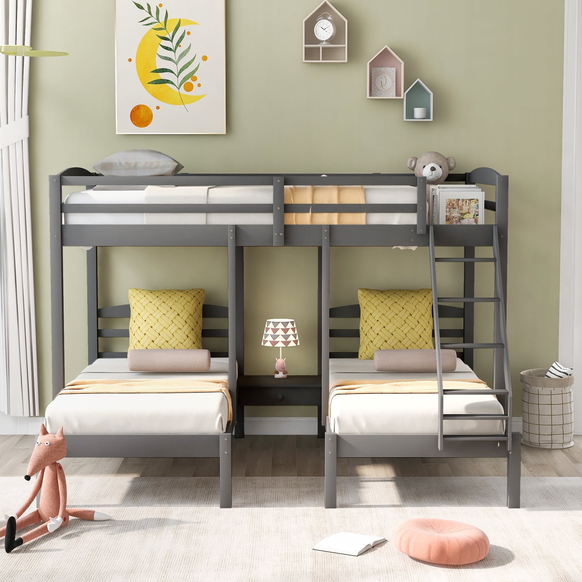 Euroco Full over Twin & Twin Bunk Bed, Wood Triple Bunk Bed for Kids' Room, Gray