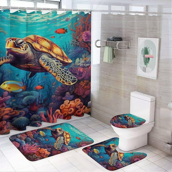 Ocean Turtle Shower Curtain Set for Bathroom, 4Pcs Animals Nature Sea Colorful Fish Bathroom Sets with Non Slip Rugs, Toilet Lid Cover, Bath Mat, Shower Curtain, Bathroom Decor