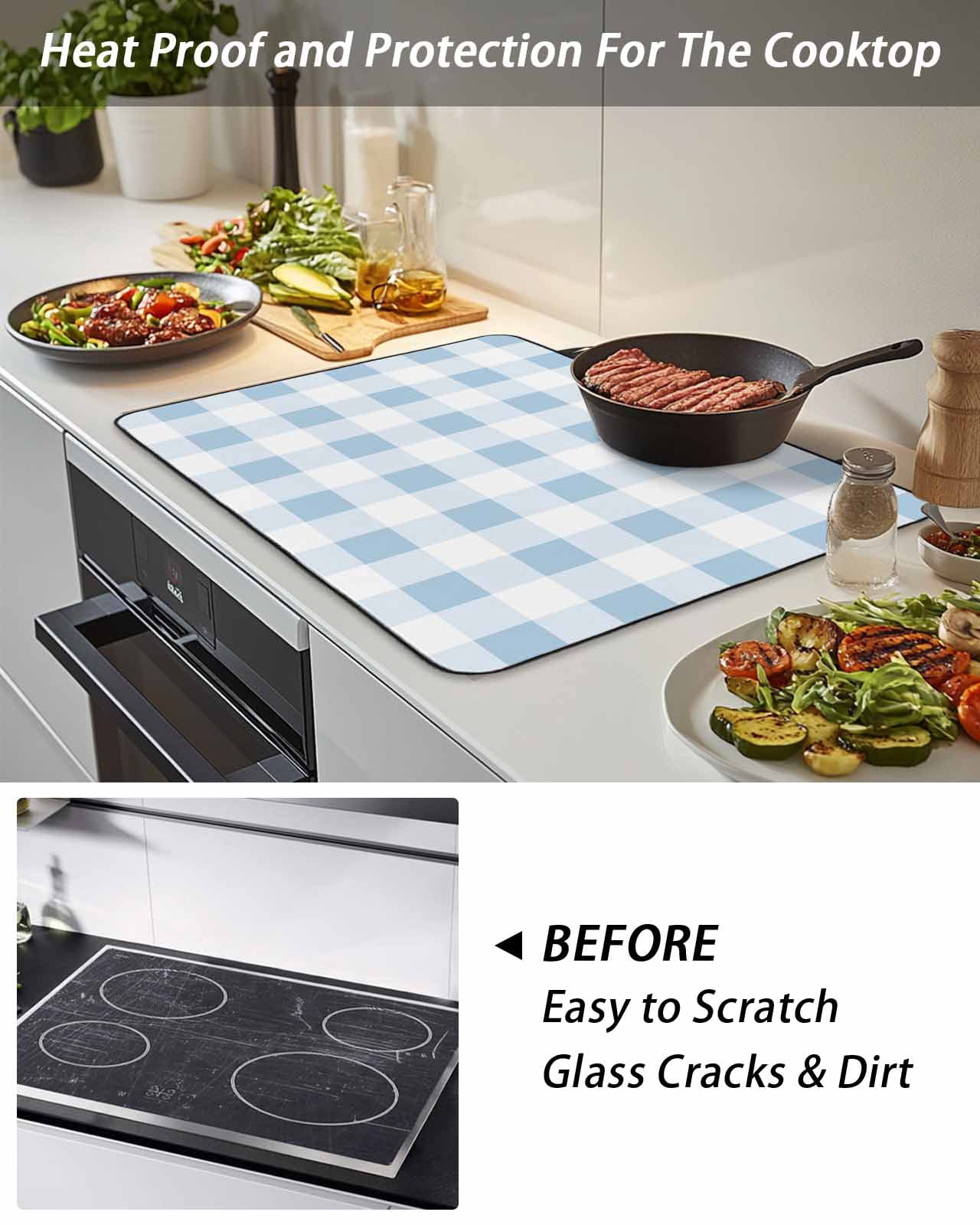 Stove Top Covers for Electric Stove, Blue Checkered Glass Stovetop Cover Protector, Blue White Buffalo Plaid Induction Cooktop Protector Oven Mat for Kitchen Countertop 24"x21"