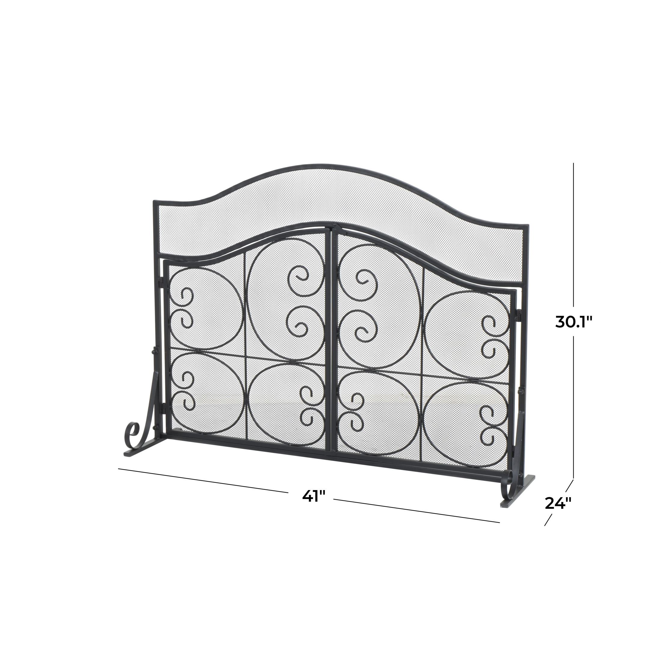 DecMode 41" x 30" Black Metal Arched 1 Panel 2 Door Scroll Fireplace Screen with Mesh Backing, 1-Piece