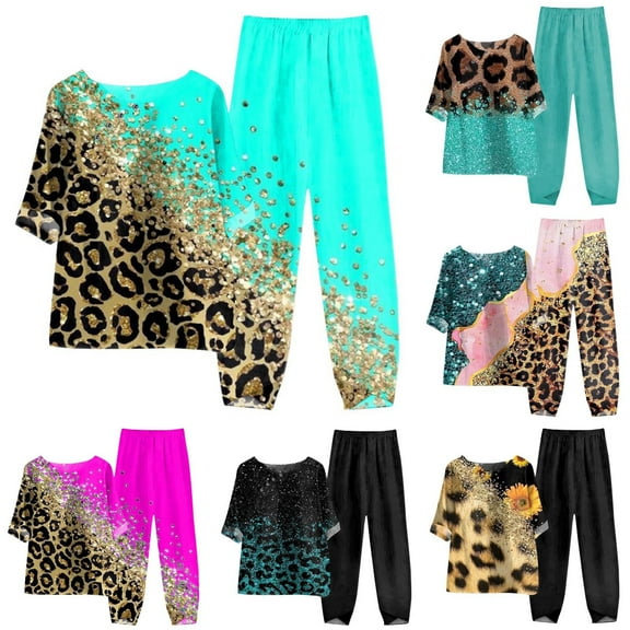 Jacenvly Summer Trendy Women's Printed Half Sleeve Round Neck Cropped Top Casual Pants Suit Set Two Piece Lounge Set Leopard Comfortable Two Piece Outfits Women Plus Size Army Green