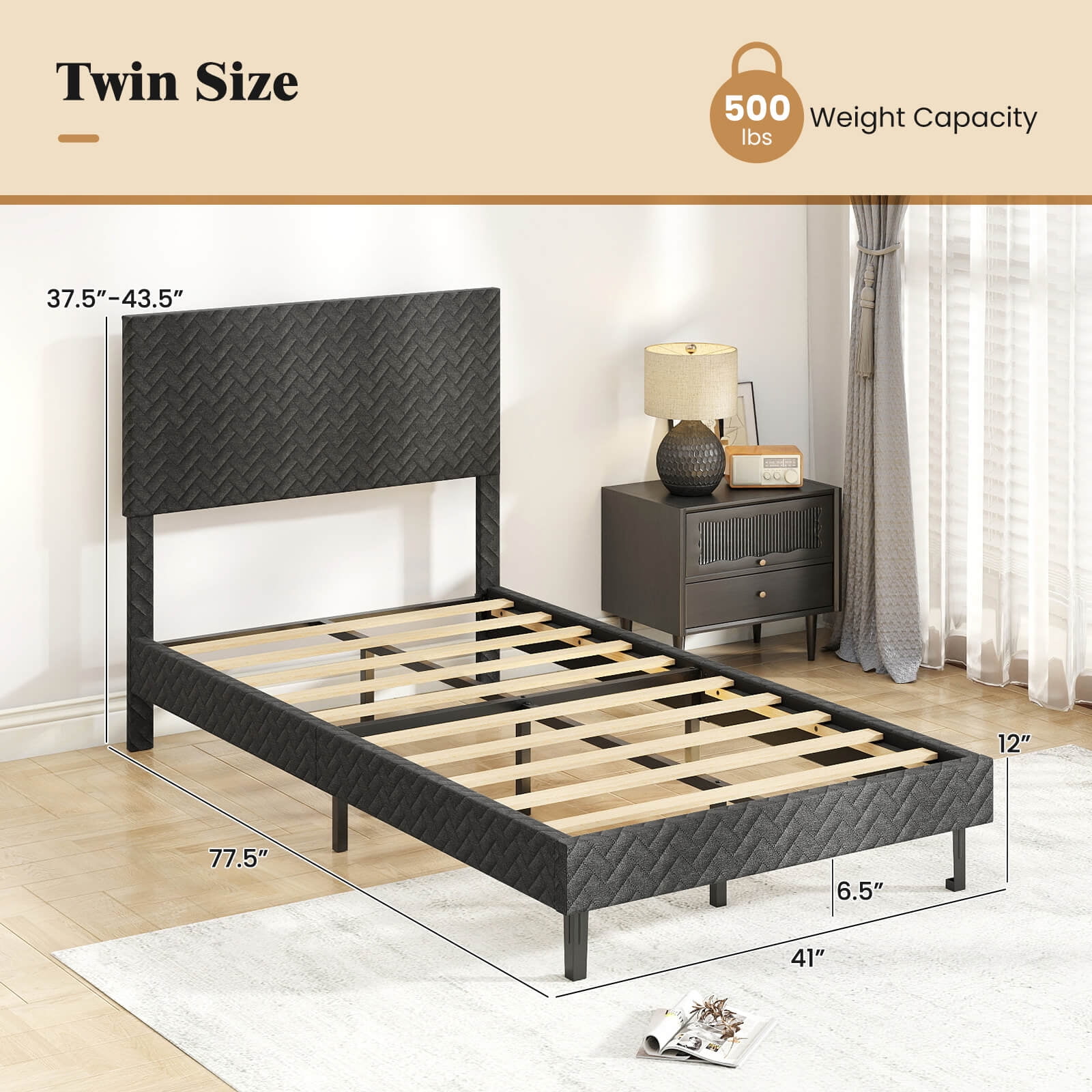 Costway Twin Size Bed Frame with Height Adjustable Chevron Headboard, No Box Spring Needed Gray