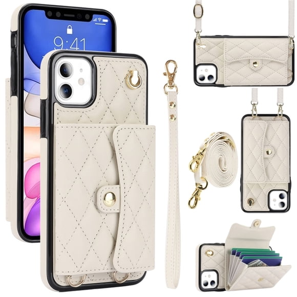 iPhone 11 RFID Para Que Bloquea la Funda Protectora para Billetera, Tapa Magnética con Ranuras para Múltiples Tarjetas, Bolsillo con Correa para el Hombro y Correa para la Muñeca Desmontable, Blanco