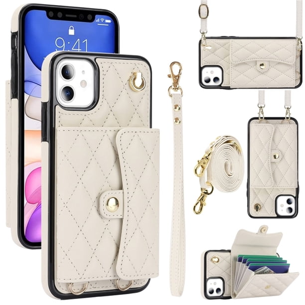 iPhone 11 RFID Para Que Bloquea la Funda Protectora para Billetera, Tapa Magnética con Ranuras para Múltiples Tarjetas, Bolsillo con Correa para el Hombro y Correa para la Muñeca Desmontable, Blanco