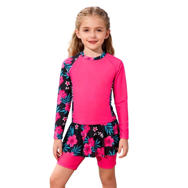 Conjunto de Manga Larga de Dos Piezas para Mujeres Traje de Baño Impreso Traje de Baño de Manga Larga Dividido Falda Pantalones de Esquina Plana Conjunto de Dos Piezas para Niñas Trajes de Baño de Do