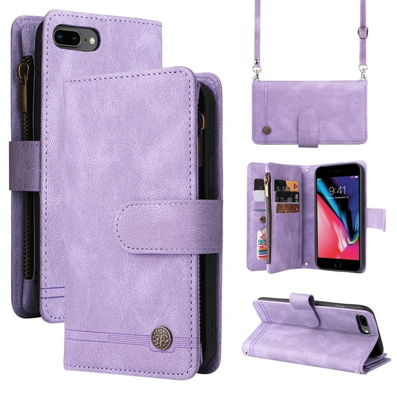 iPhone 7 Plus Case, iPhone 8 Plus Cover, Wallet Card Slot Crossbody/Shoulder Strap Wristlet Strap Magnetic Flip Premium PU Leather Zipper Pocket With Kickstand For iPhone 7 Plus / 8 Plus,
Purple