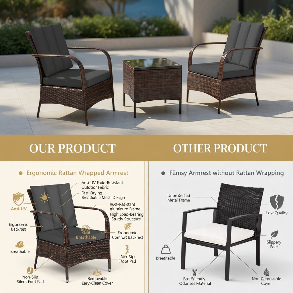 Hommoo 3-Piece Outdoor Rattan Patio Furniture Set with Tempered Glass Coffee Table & Weather-Resistant Cushions, Gray