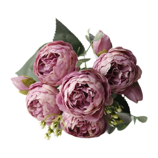 Ramo de rosas artificiales de imitación, elegantes rosas artificiales de 5 cabezas para interior Rosa violeta