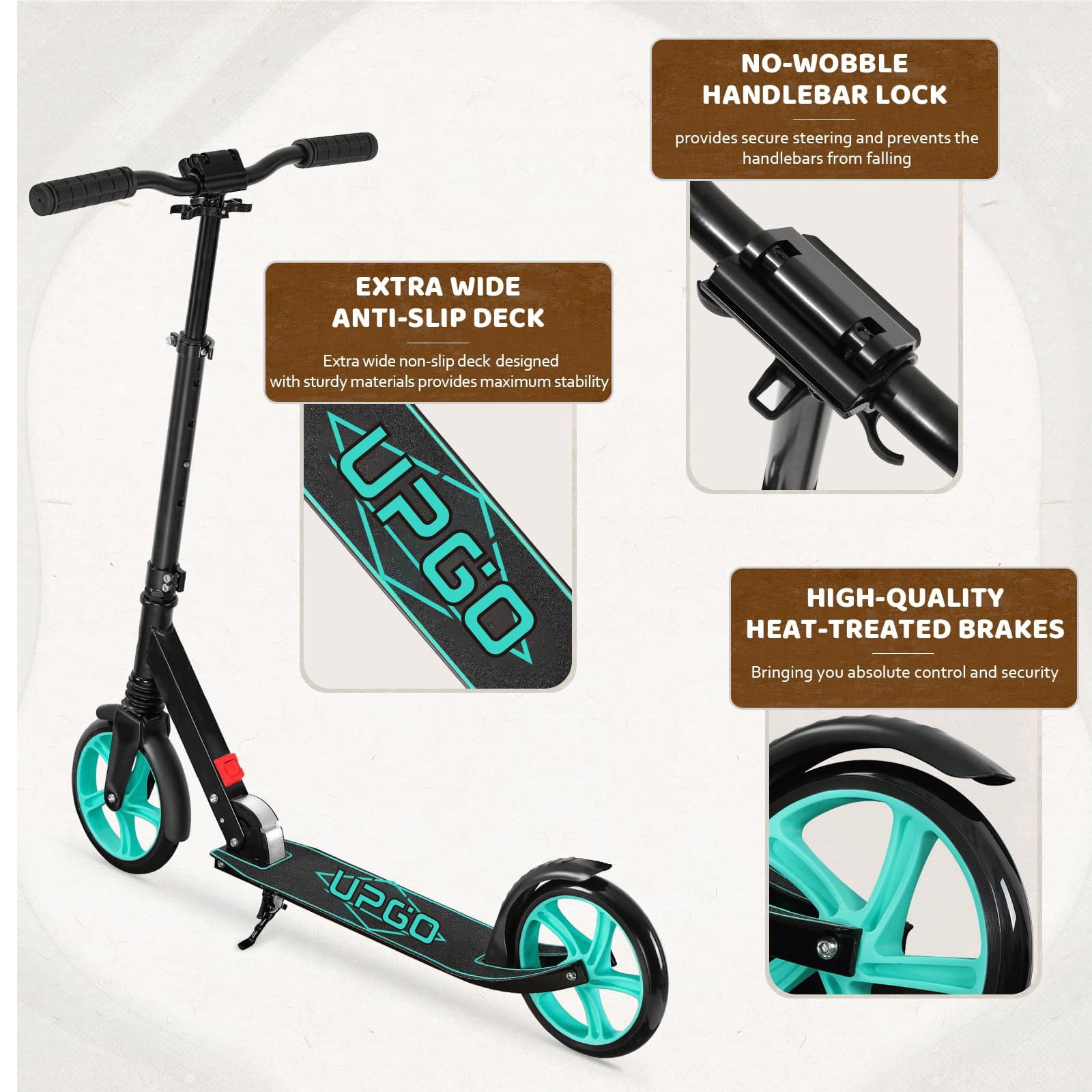 UPGO Kick Scooter for Ages 6+, Kids, Teens & Adults, 240 lb Max Load, Foldable, 8-Inch Wheels,Aquas