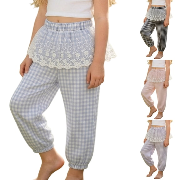 Asxite Toddler Girls Plaid Lace Detail Loose Breathable Casual Pants Elastic Waist Summer 5-15 Y