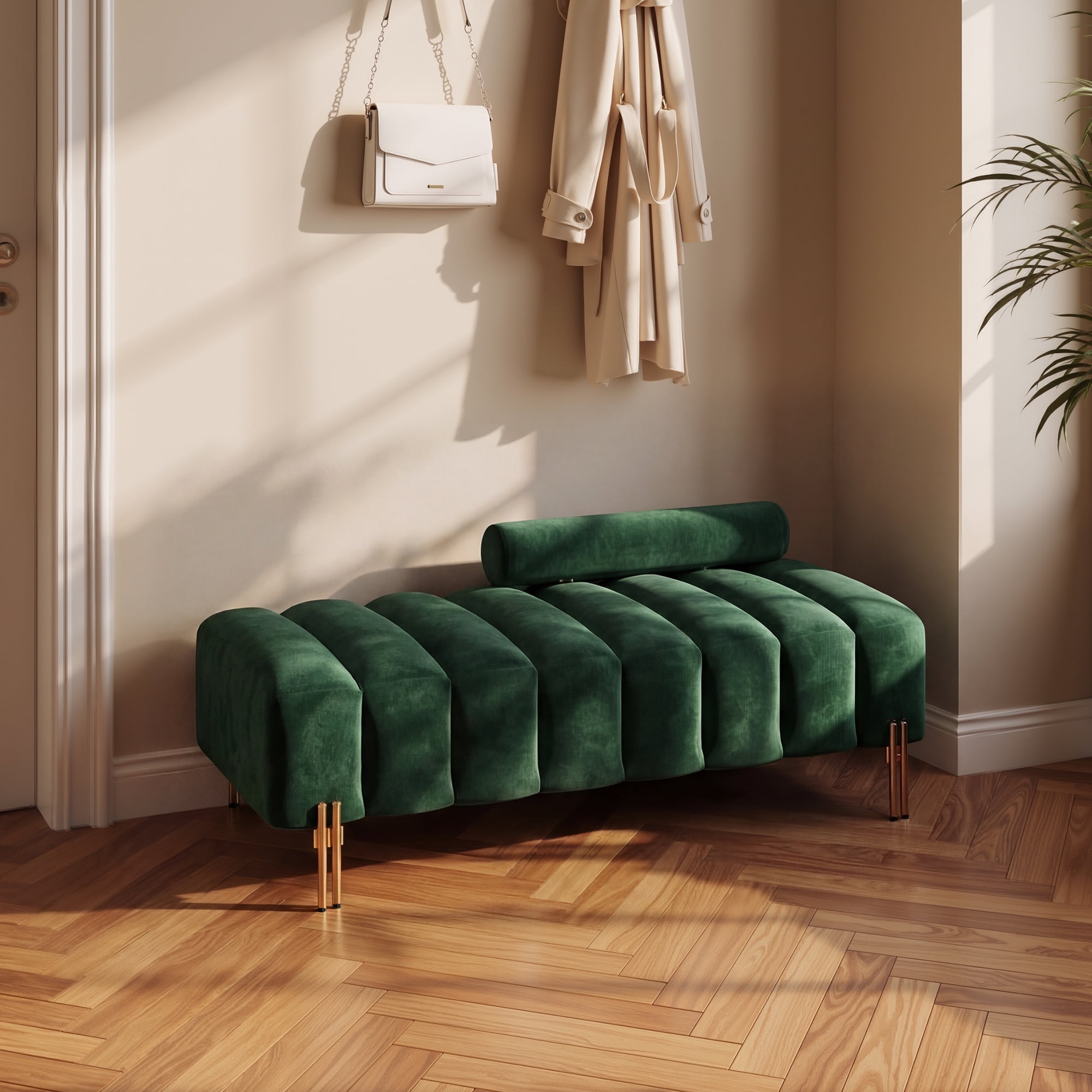 Wiilayok 52" Upholstered Velvet Ottoman Bench,End of Bed Bench with Gold Legs,Tufted Long Bench for Bedroom Living Room Foyer Indoor Entryway,Green