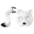 thumbnail image 3 of Conjunto de accesorios para disfraces de animales: máscara de gato sintética con cola, traje peludo y accesorios para cosplay. Blanco, 3 of 9