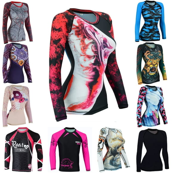 ROAR MMA grappling Rash guard Women BJJ Training No gi UFc Fight gear Long Sleeve Shirt (Multi Small)