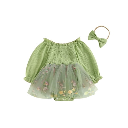 

Mioliknya Baby Girls Romper Dress Floral Mesh Patchwork Jumpsuits and Headband