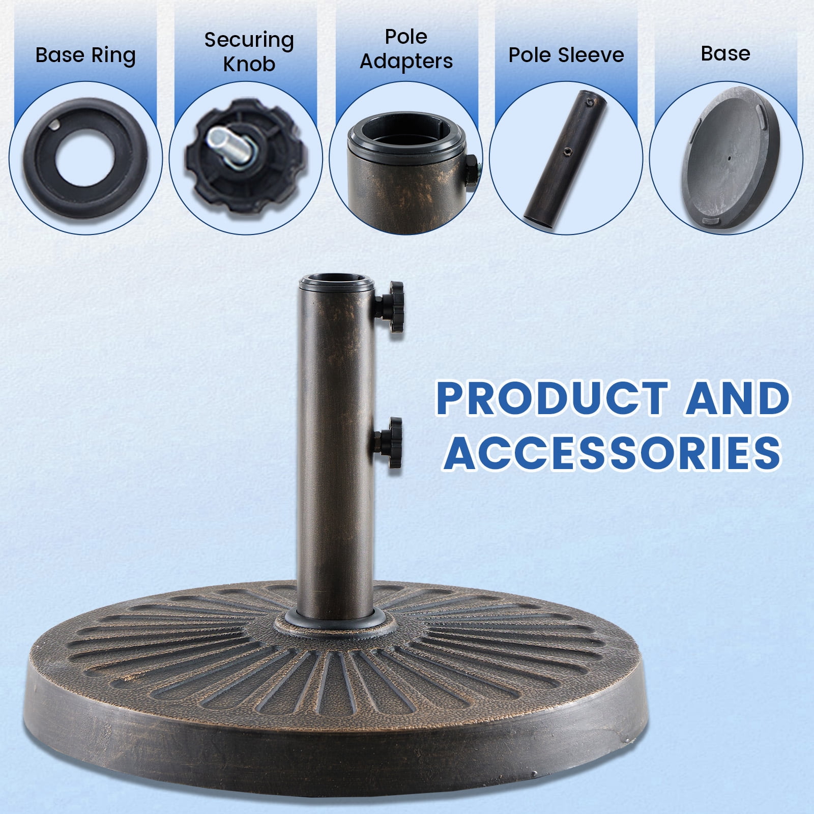 EDX Patio Market Umbrella Base, 30lbs Heavy Duty Round Outdoor Stand, resin base and iron stand with Petal Pattern, Bronze-colored