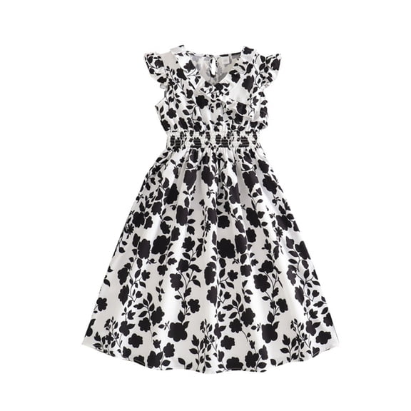 XEGLSBU Girls Dresses Size 10-12 Party Kids Girls Floral Print Dress with Ruffle Collar and Flutter Sleeves Elegant Waist Dress Long Summer Dress Black Size 8-9 Years