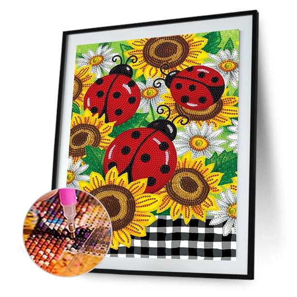 Cuadros Decorativos Diamante dibujo girasol mariquita en forma especial taladro parcial 5D manualidades DIY Wdftyju embutido en tela