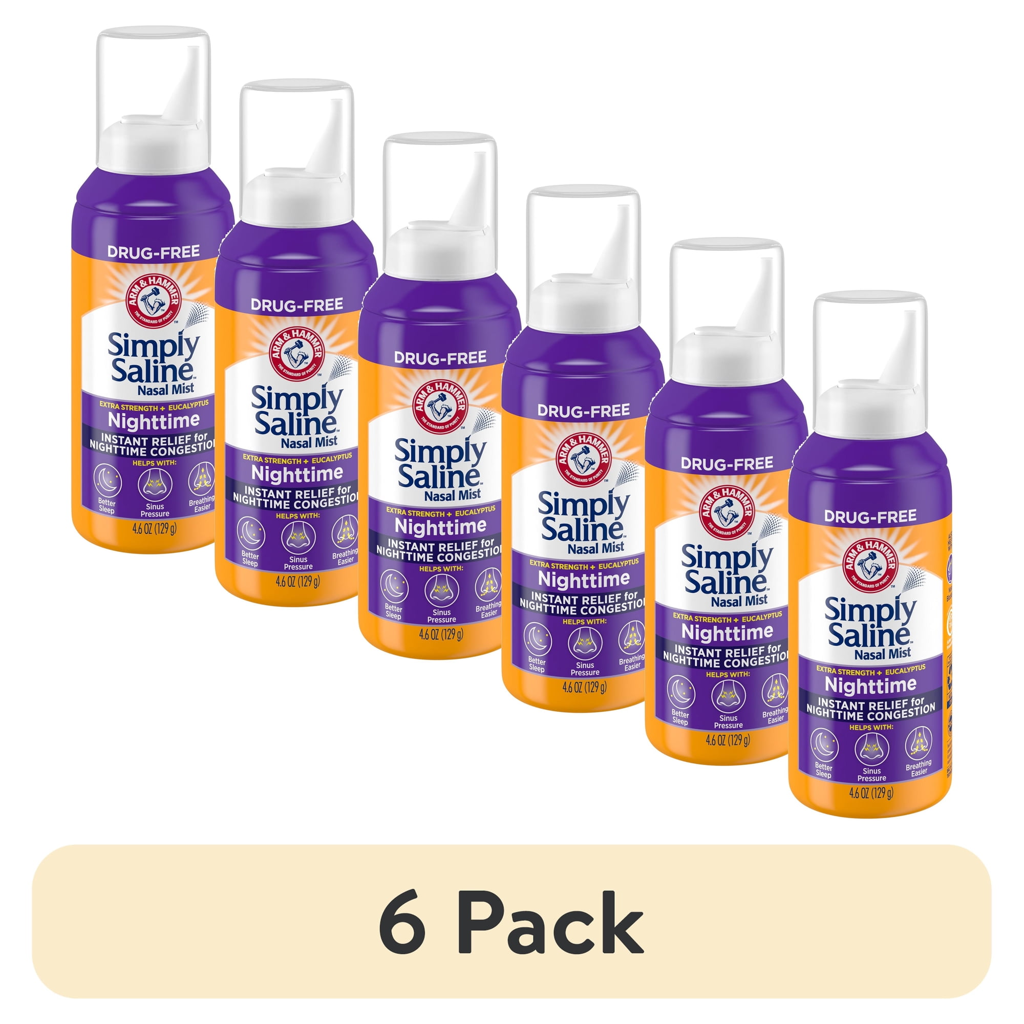 (6 pack) ARM & HAMMER Simply Saline Nighttime Drug-Free Mist for Nasal Congestion at Night, Extra Strength, Calming Eucalyptus, Safe to Use with Rx and OTC, For Adults and Kids Ages 2+, 4.6 oz (129 g)