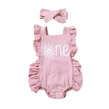 

Toddler Baby Girl Sweet and Cute Jumpsuit Set Summer Letter Sun Print Ruffle Flying Sleeves Suspender Rompers and Headband Yellow and Pink 2023 Fashion